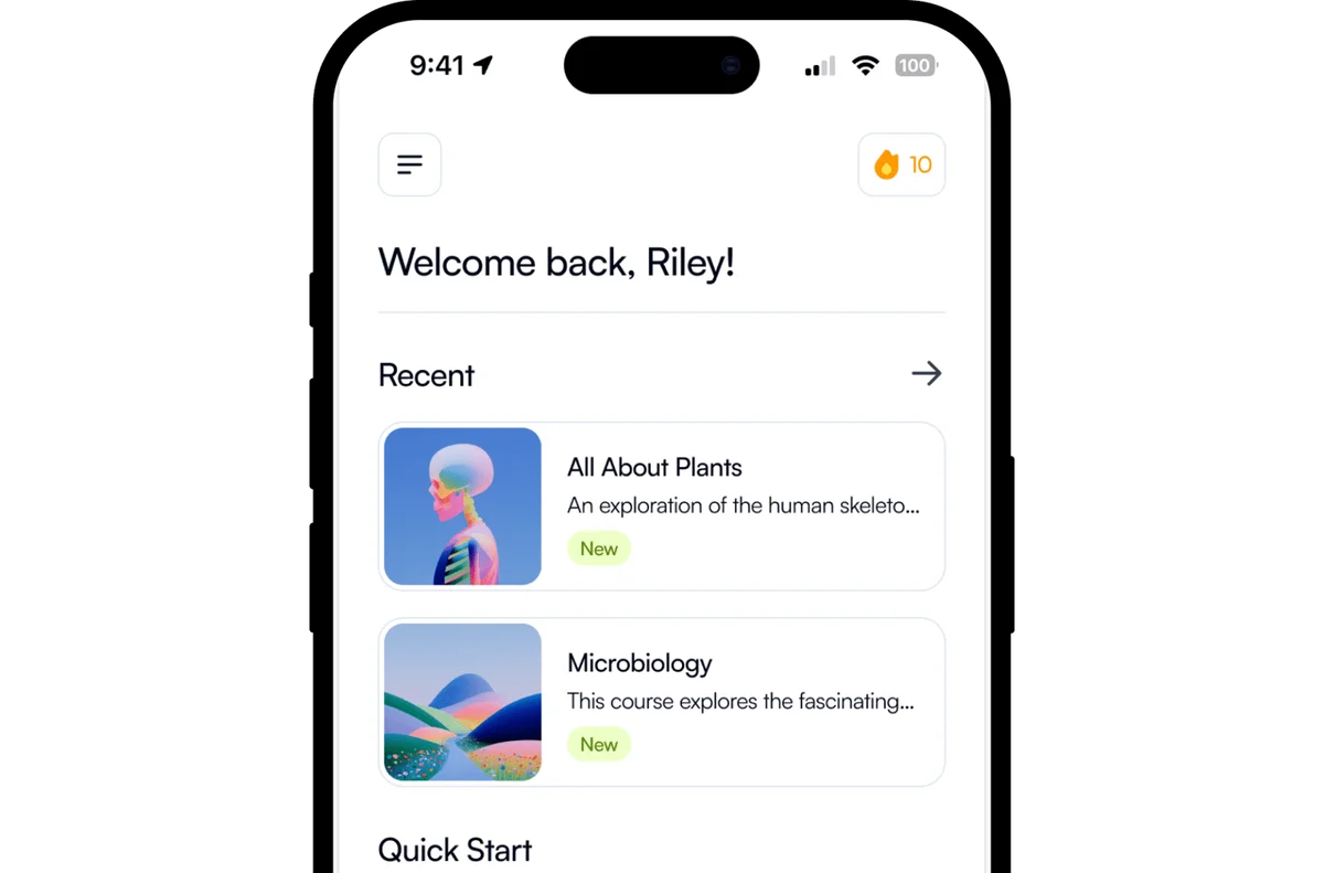 Quizgecko mobile app dashboard showing recent learning courses and user progress with a clean, modern interface.