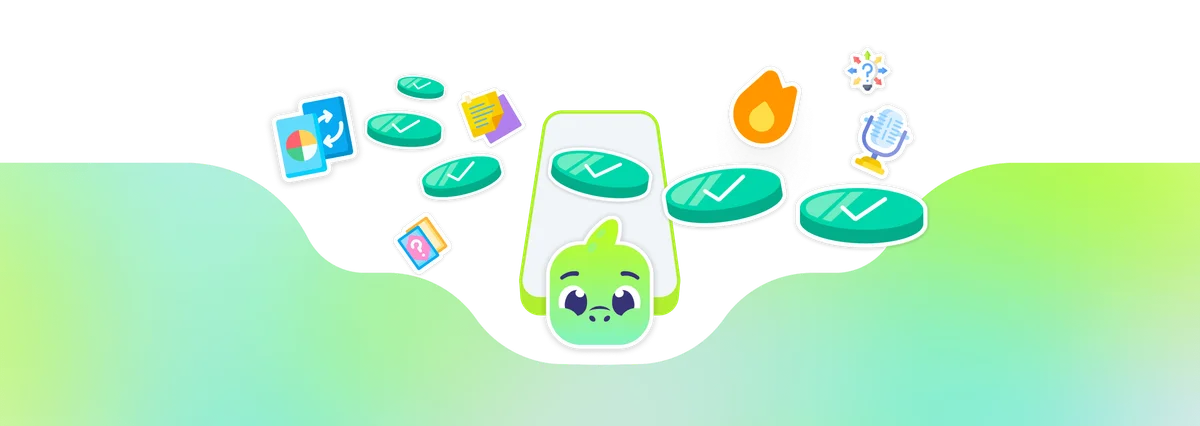 Quizgecko marketing graphic featuring a friendly character with icons for quiz creation, learning, and progress.