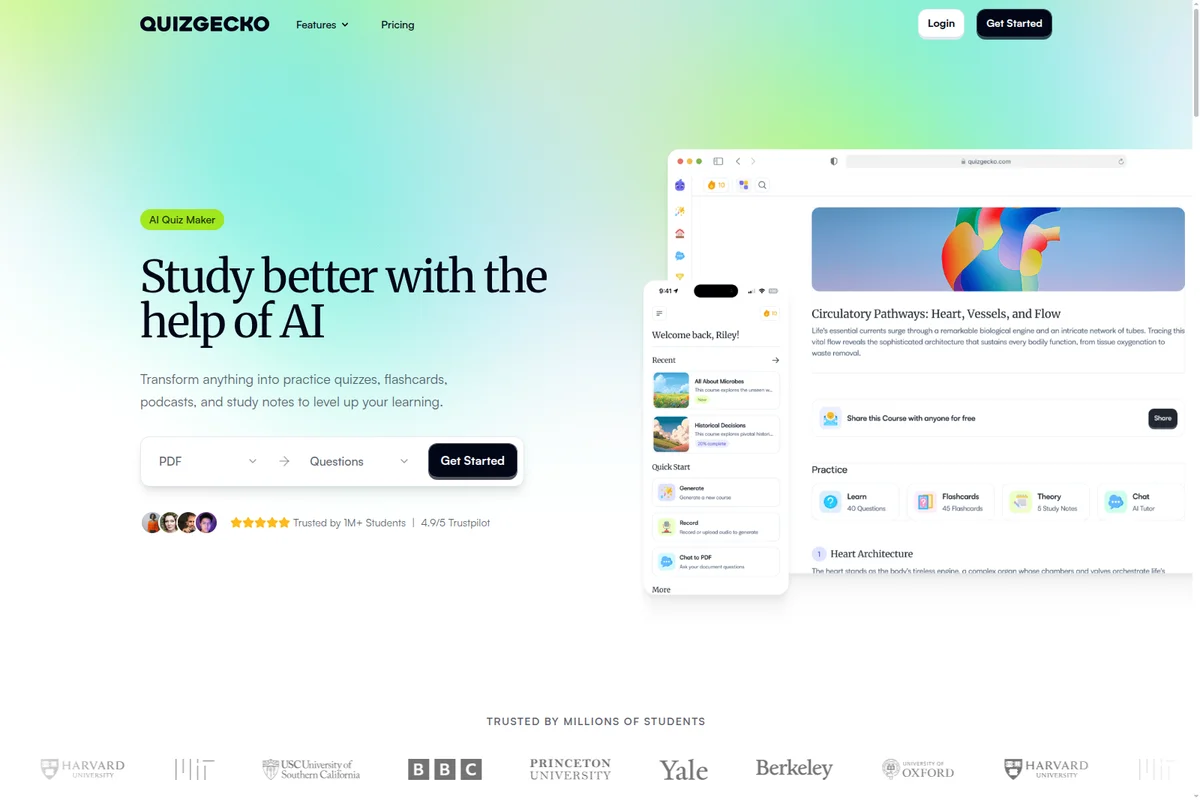 Quizgecko homepage hero showcasing its AI Quiz Maker feature with a desktop UI displaying a 'Circulatory Pathways' course and a mobile app dashboard with recent courses and quick start options.