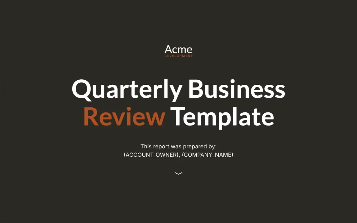 Qwilr business review template showcasing a professional document cover with strong typography and a dark theme.