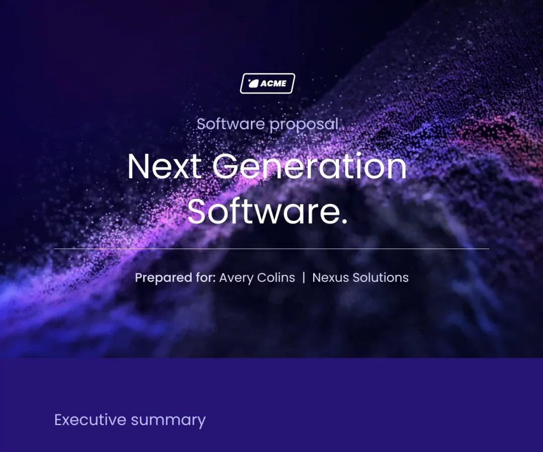 Qwilr document output showing a 'Next Generation Software' proposal with a modern dark background and professional typography.