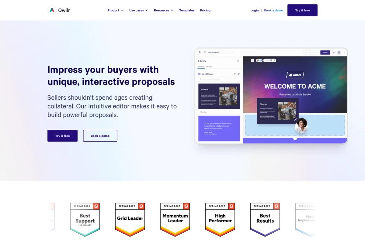 Qwilr content creation page showcasing an interactive proposal editor with drag-and-drop functionality in a modern interface.
