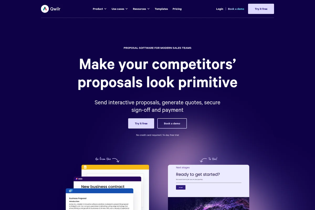 Qwilr homepage hero section promoting modern proposal software with a dark theme and before/after examples.