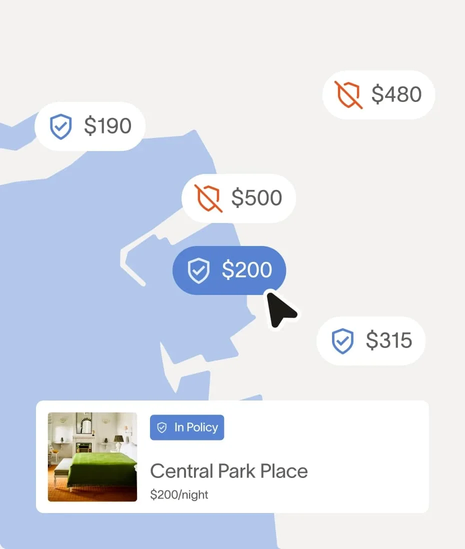 Ramp's map interface showing policy-compliant hotel bookings, with price bubbles and a detail card for 'Central Park Place' marked 'In Policy'.