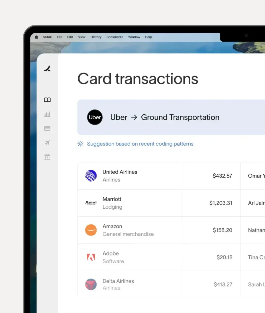 Ramp workspace UI displaying card transactions with AI-powered categorization suggestions in a clean, modern web interface.