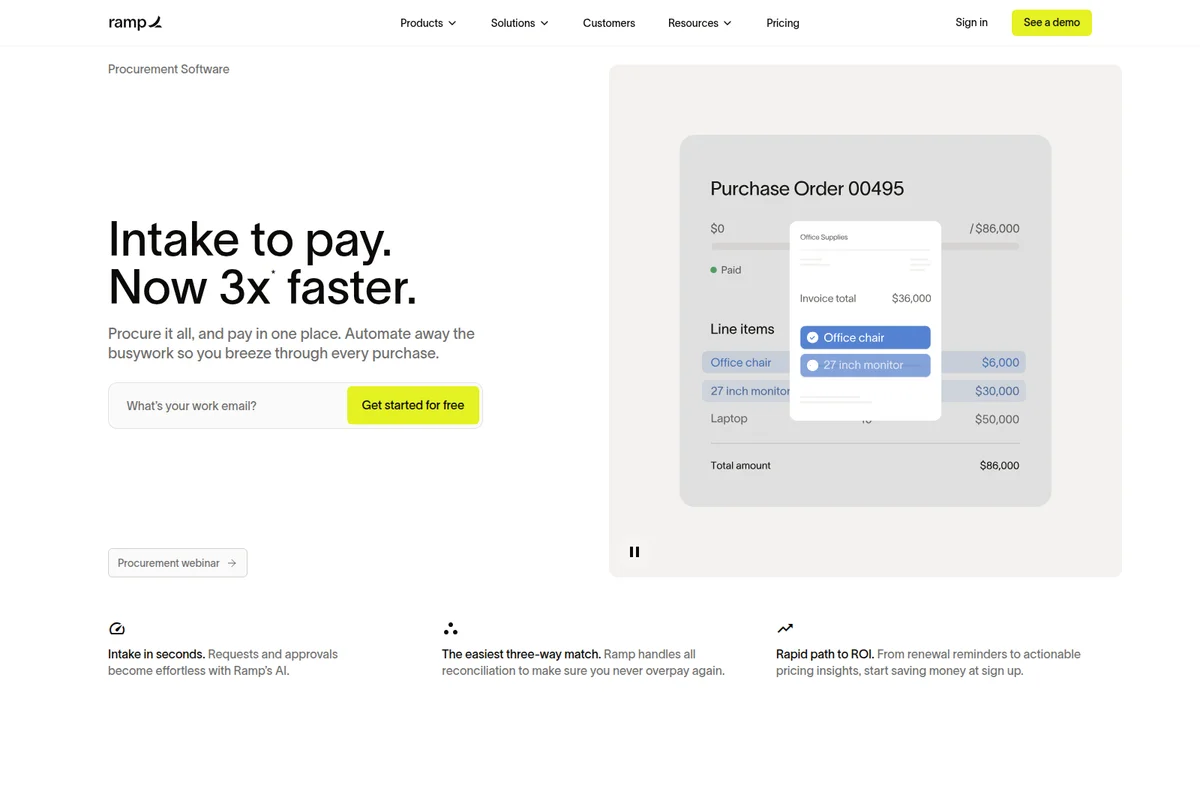 Ramp procurement software's hero section showcasing an 'Intake to Pay' process with a purchase order and AI-assisted line item reconciliation.