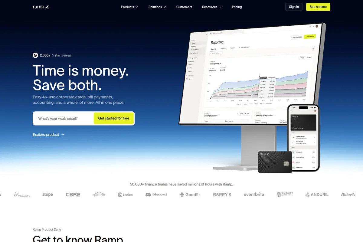 Ramp landing hero showcasing a financial reporting dashboard on a desktop monitor, a mobile app, and a corporate card, highlighting integrated spending management.