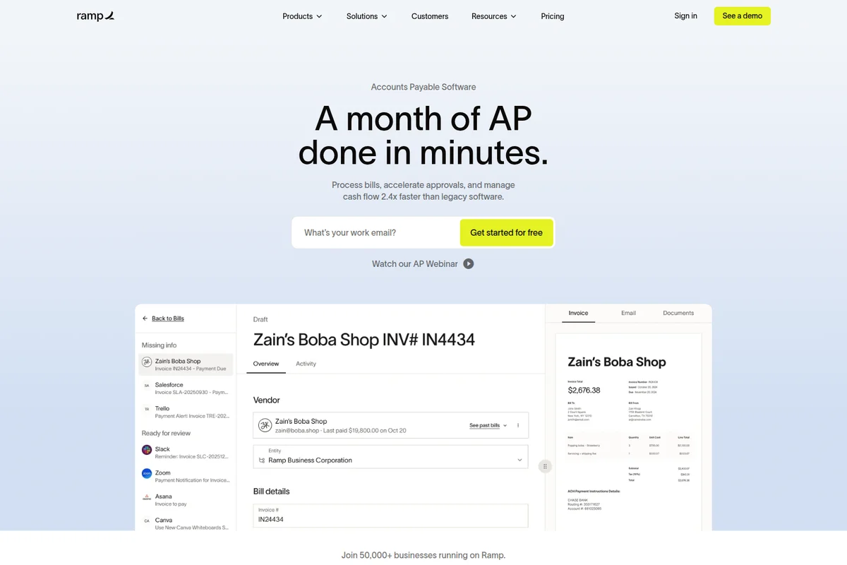 Ramp Accounts Payable software showing an invoice for Zain's Boba Shop and integrated bill management workflow.