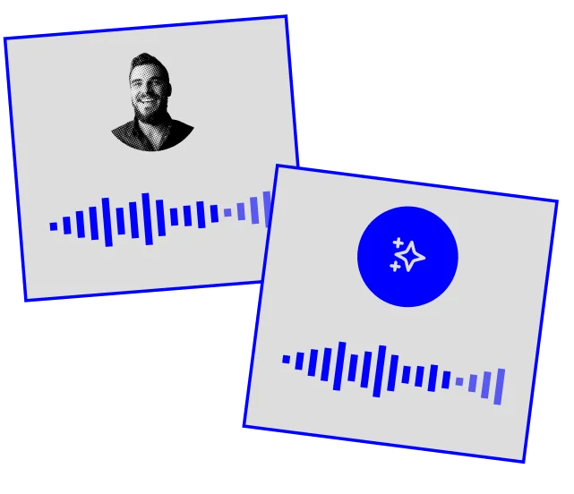 Rask AI audio track cards illustrating an original speaker's voice alongside an AI-enhanced or dubbed version, both with active soundwave displays in a modern graphical interface.