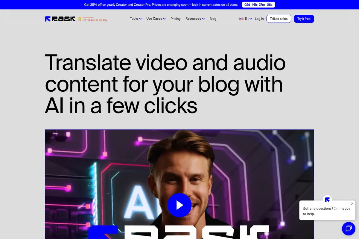 Rask AI landing page hero introducing AI-powered video and audio translation with a clean and modern interface.