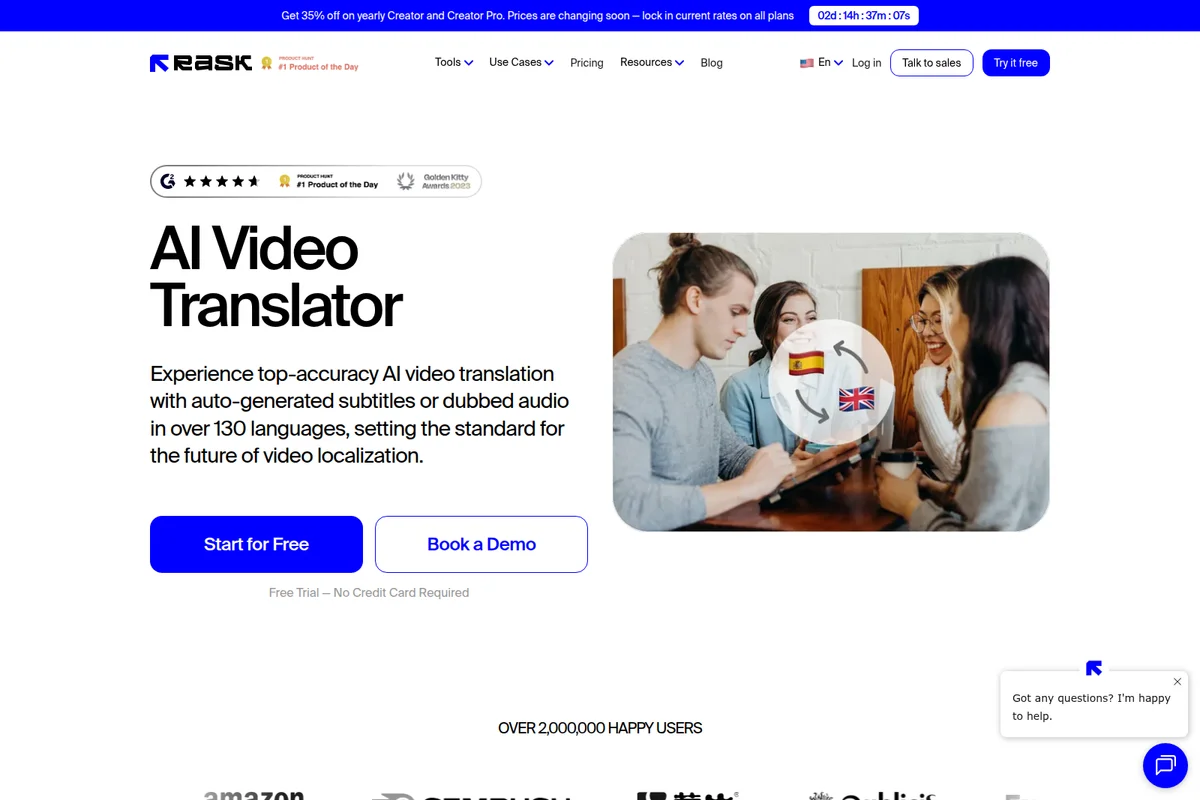 Rask AI landing page hero section showing AI video translator capabilities with people and a language translation icon.