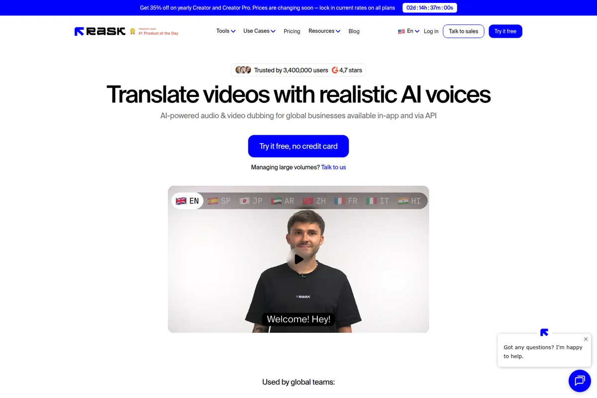 Rask AI landing page hero showing a video translation demonstration with a clean, light interface.
