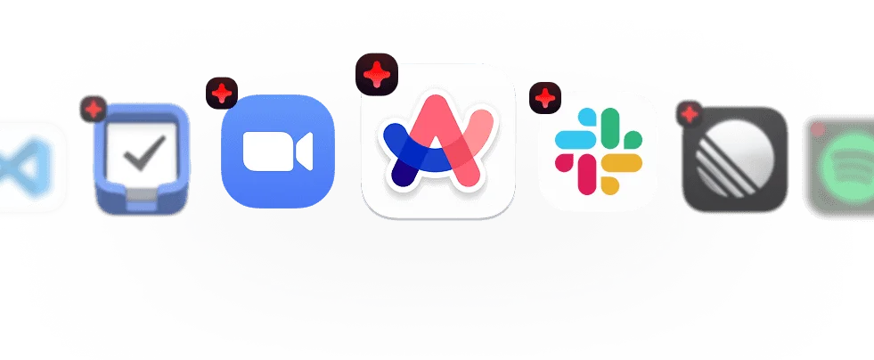Raycast application launcher displaying integrated app icons like Zoom, Slack, and Spotify with quick action badges in a clean desktop interface.