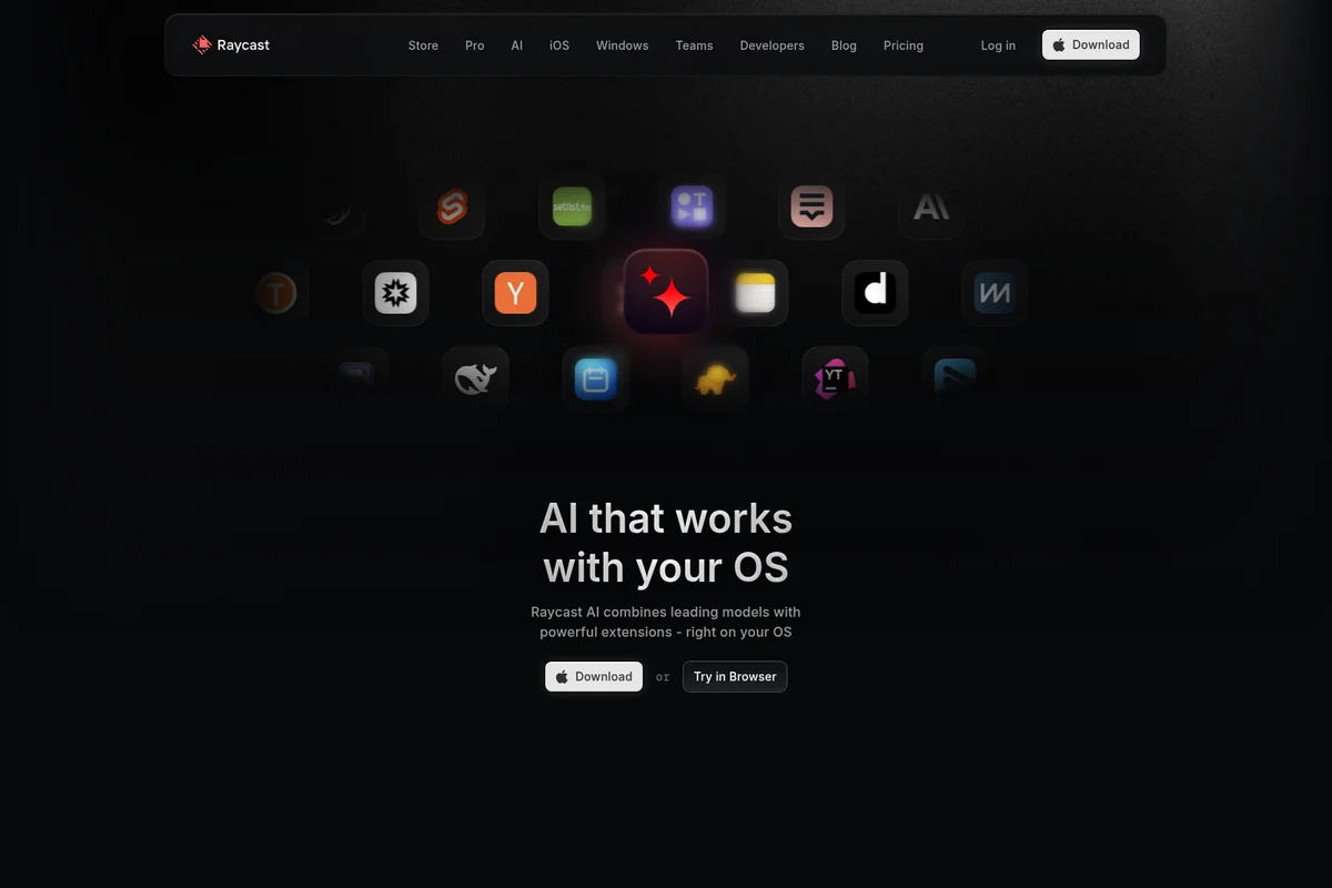 Raycast AI landing page showing various app icons for extensions and the headline 'AI that works with your OS' with a modern dark interface.