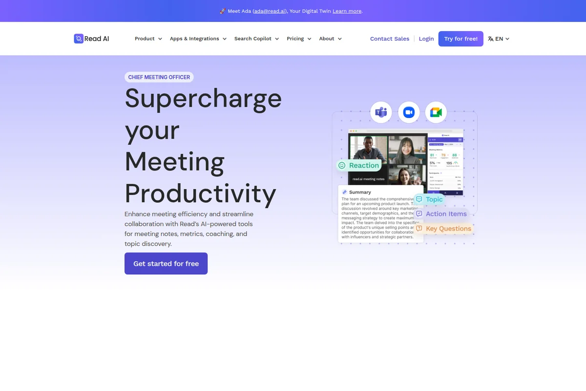 Read AI landing page hero section demonstrating AI-powered meeting productivity tools with summary and action items in a modern interface.
