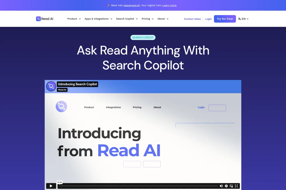 Read AI landing page showcasing Search Copilot with a large headline and embedded product introduction video.