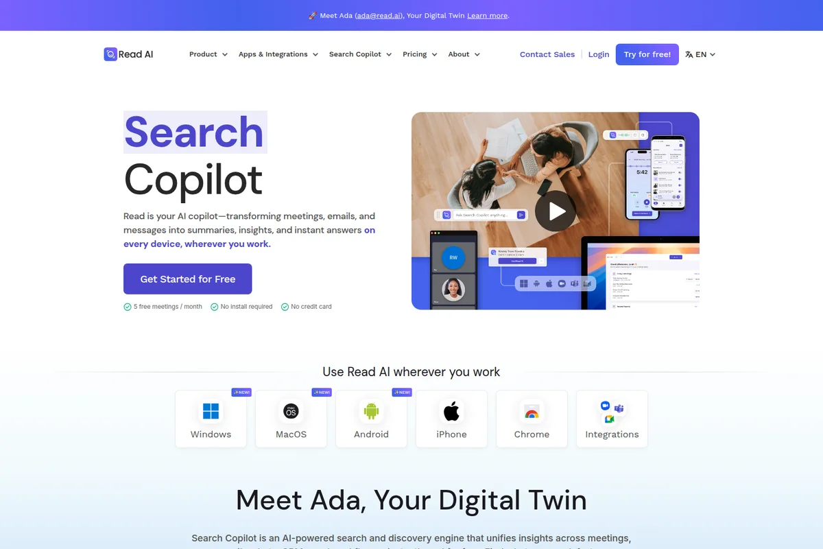 Read AI landing hero with Search Copilot demo. AI transforms meetings, emails, and messages on desktop and mobile devices.