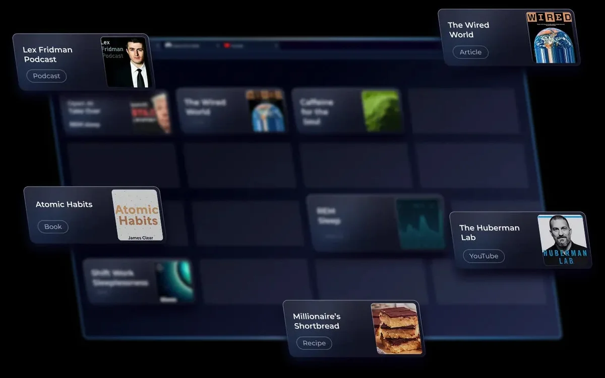 Recall app workspace showing various recalled content types like podcasts, books, and recipes with a modern glassmorphism interface