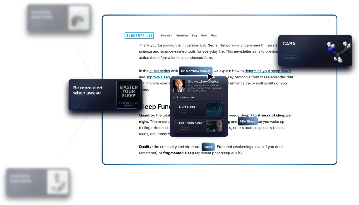 Recall: interactive pop-ups showing contextual info for highlighted text on a web page with a dark UI.