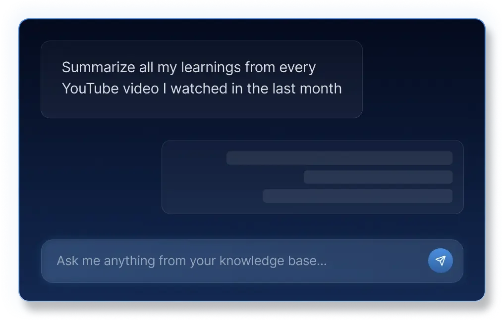 Recall AI workspace showing a user prompt to summarize YouTube video learnings in a sleek, dark-mode chat interface.