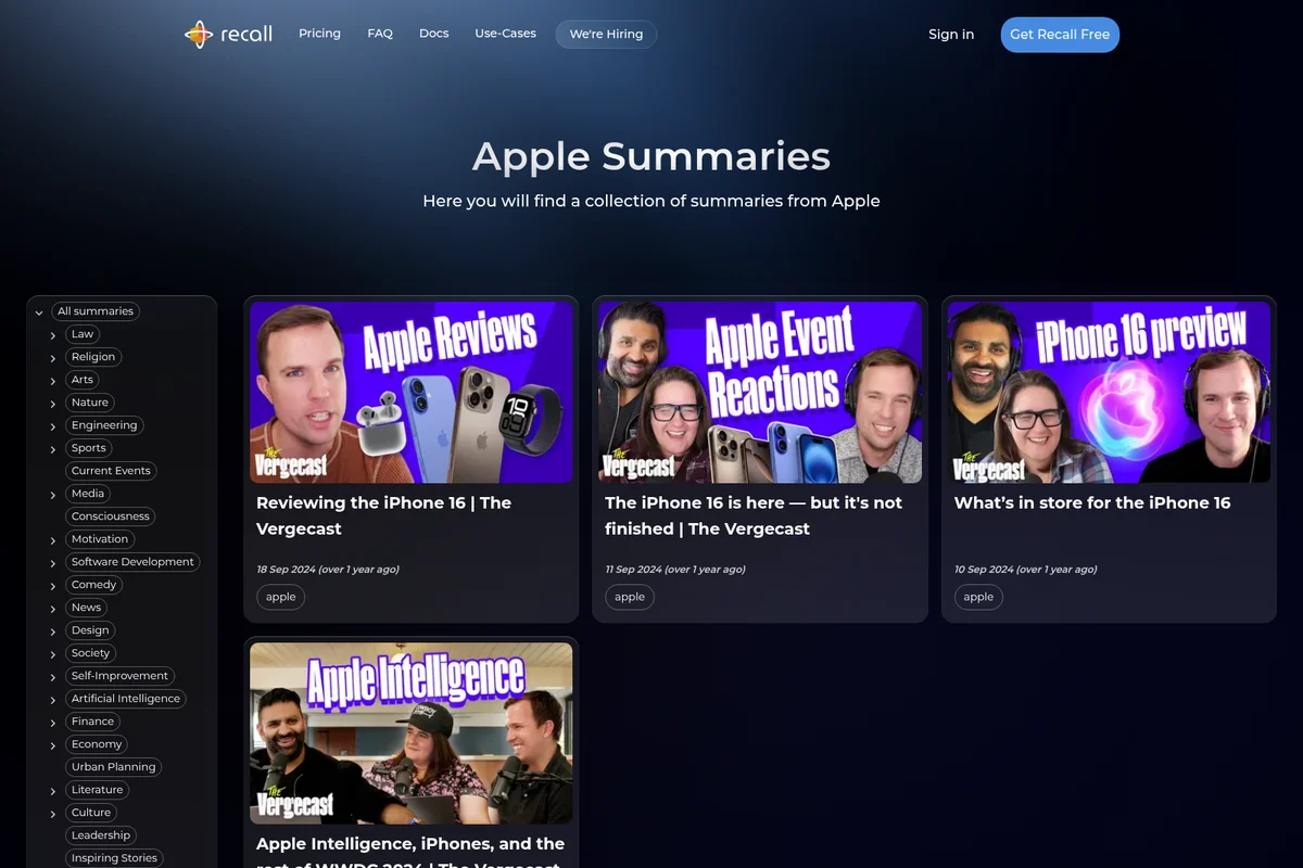 Recall platform displaying Apple product summaries in a browseable grid interface with category filters.