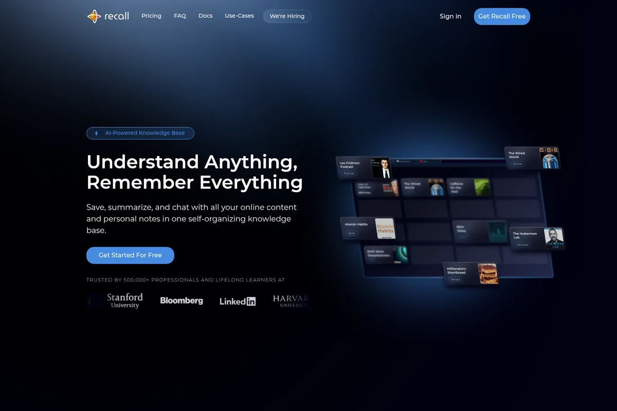 Recall AI knowledge base hero section showing a dark-themed interface with organized content cards for podcasts, articles, and books.
