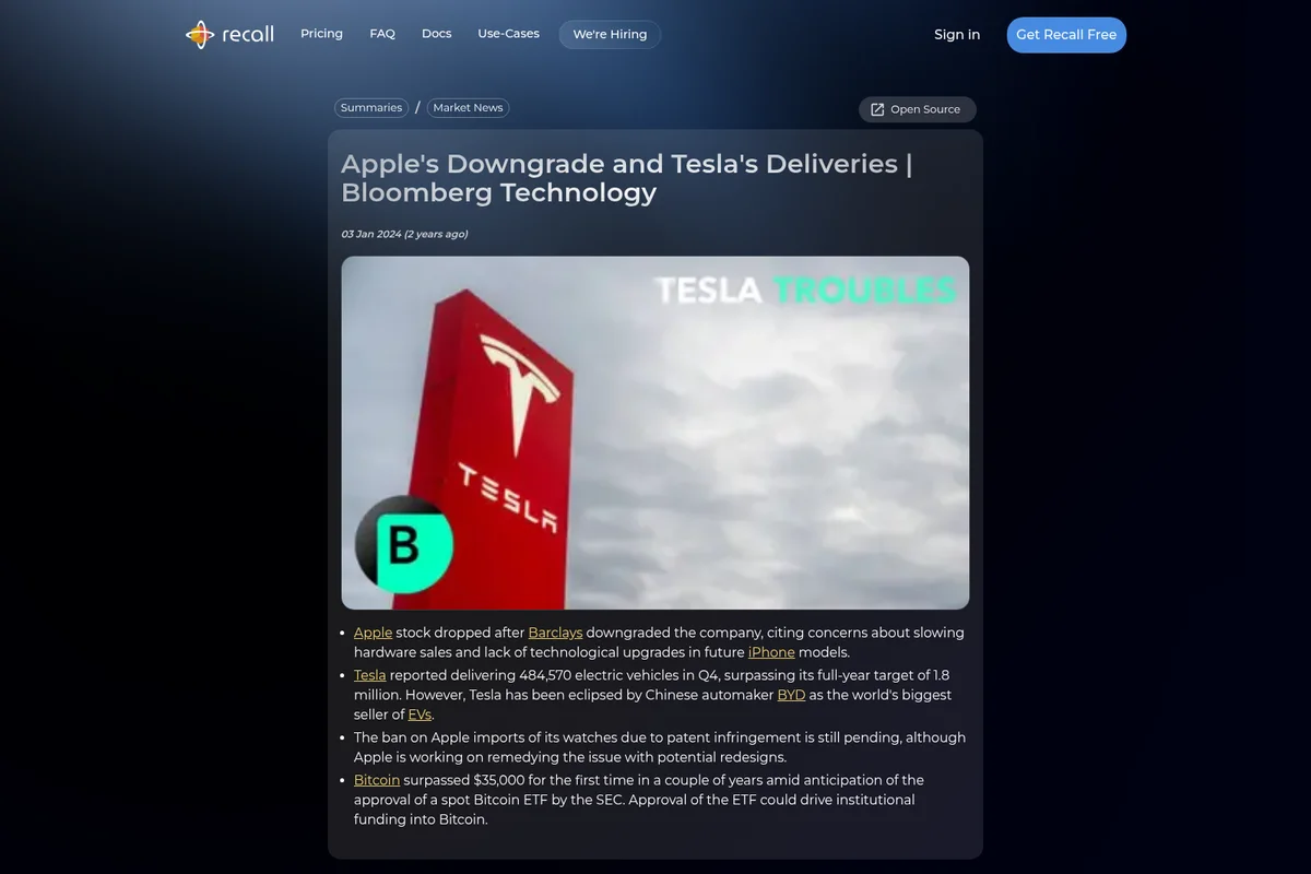 Recall output showing a news summary about Apple's downgrade and Tesla's deliveries with a dark-mode interface.
