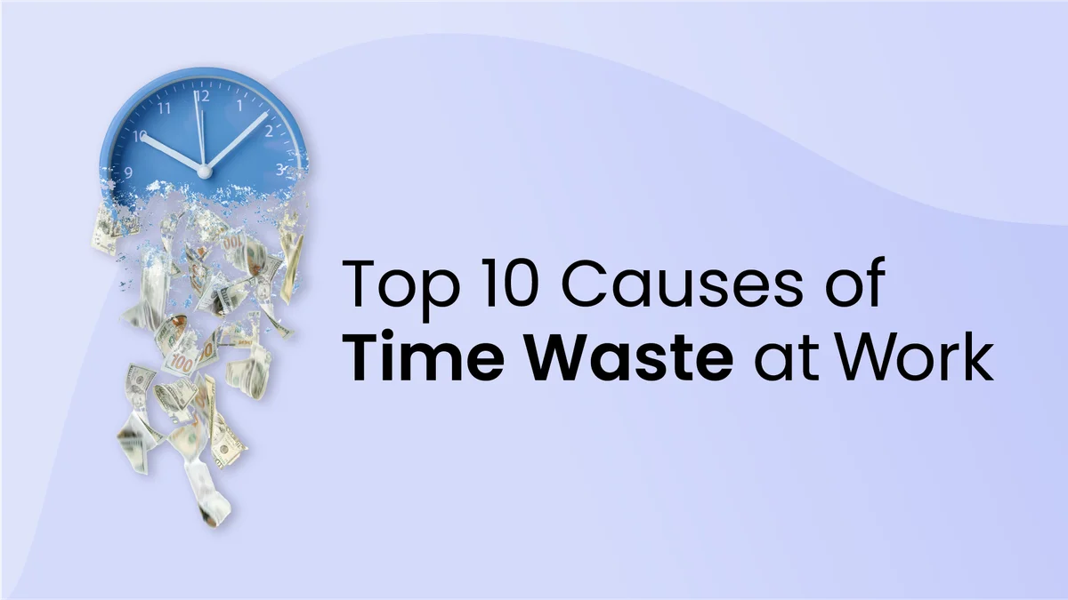 Reclaim AI marketing graphic showing a blue clock dissolving into money, illustrating time waste at work.