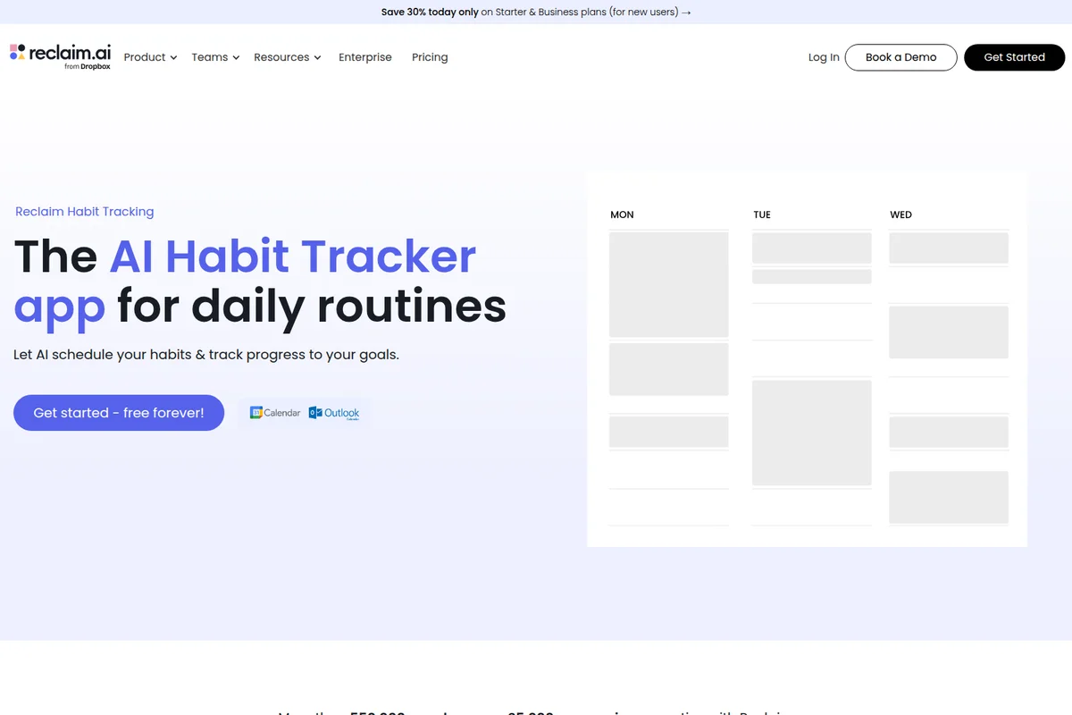 Reclaim.ai habit tracker landing page hero showcasing an AI-powered daily routine and habit scheduling interface with a clean, modern design.