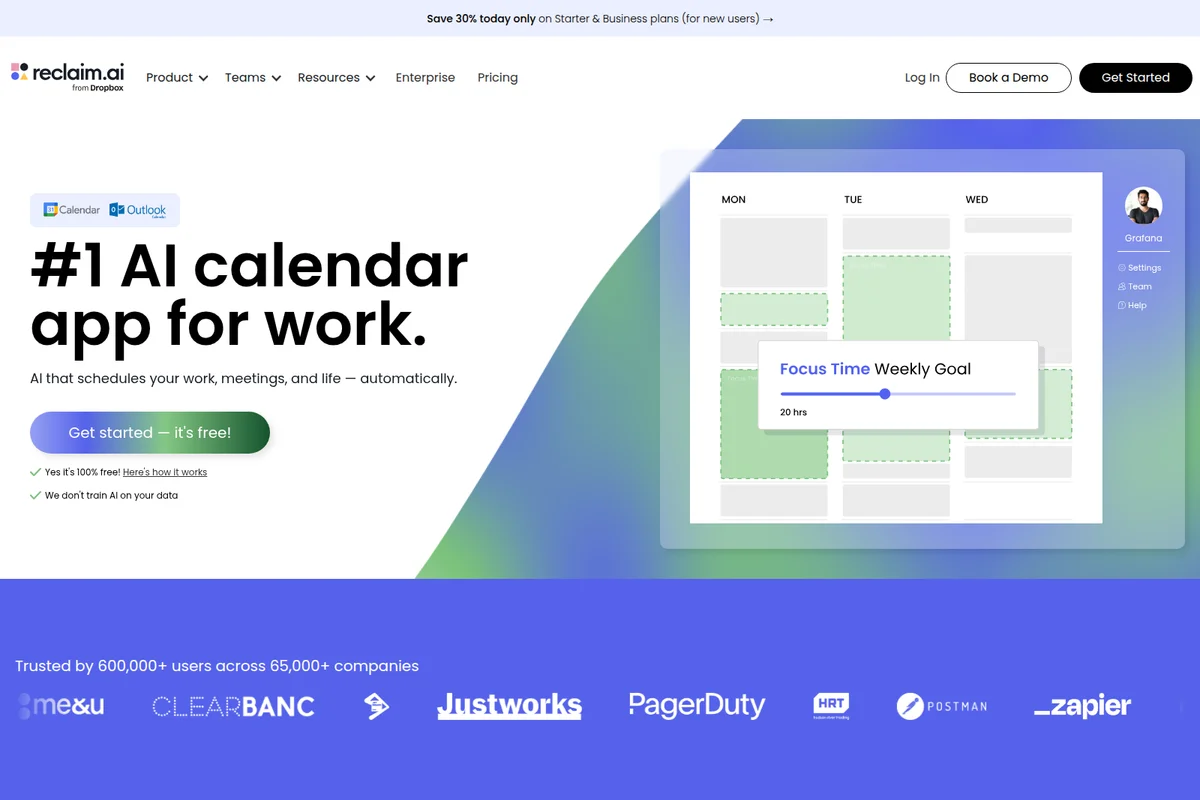 Reclaim AI landing page hero showing an AI-powered calendar scheduling focus time goals with a modern, clean interface.