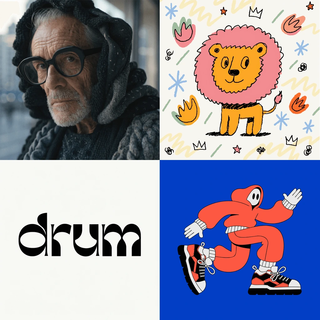 Recraft output samples showcasing diverse AI-generated designs: photorealistic portrait, whimsical illustration, typographic logo, and cartoon character.