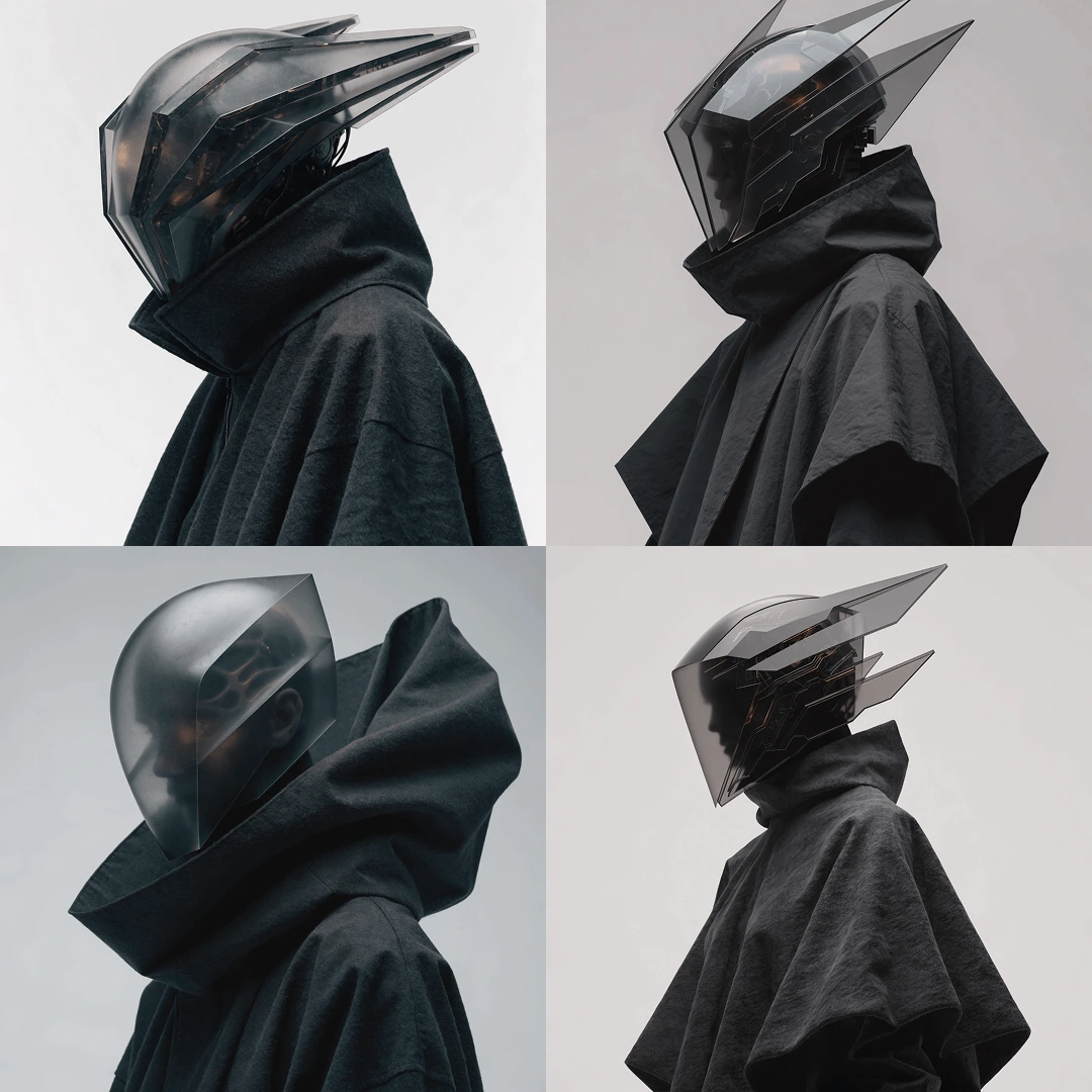 Recraft AI-generated art featuring four armored figures with futuristic dark helmets and cloaks against a light background.