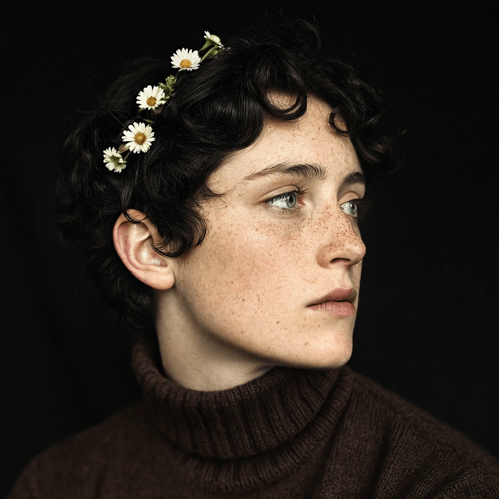 Recraft AI-generated portrait showing a person with dark curly hair and freckles adorned with daisies