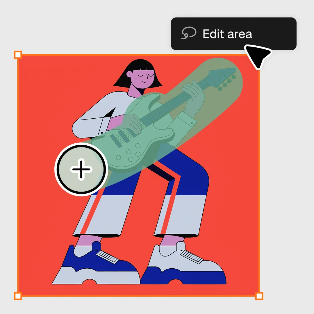 Recraft feature deep-dive showing an illustration of a person playing guitar within an editable area, highlighted by selection tools and an 'Edit area' tooltip.
