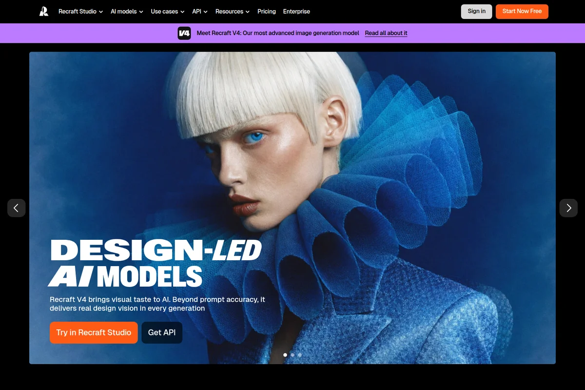 Recraft homepage hero showcasing design-led AI image generation with a striking high-fashion portrait and a blue aesthetic.