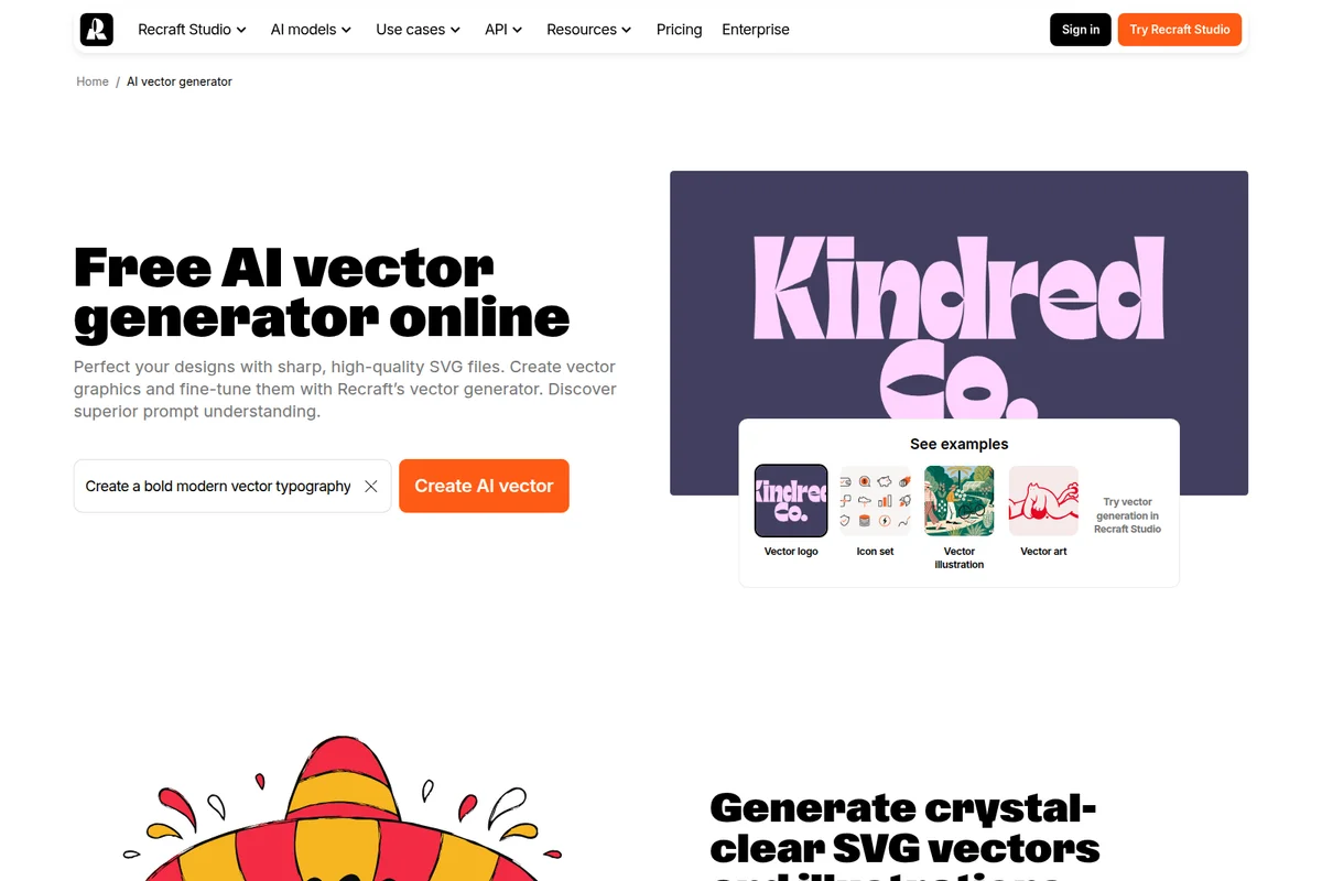 Recraft AI vector generator showing prompt input and diverse vector output examples with a clean modern interface.