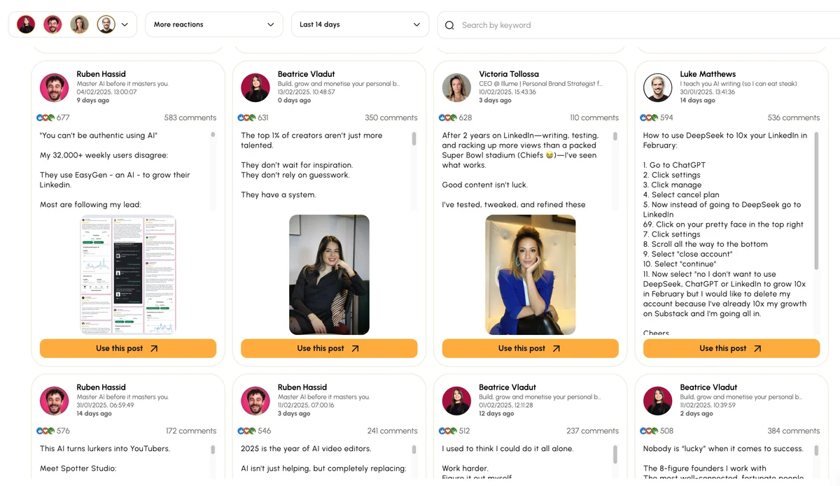 Redactai content gallery showing social media posts with engagement metrics and an actionable 'Use this post' button in a clean light-mode interface.