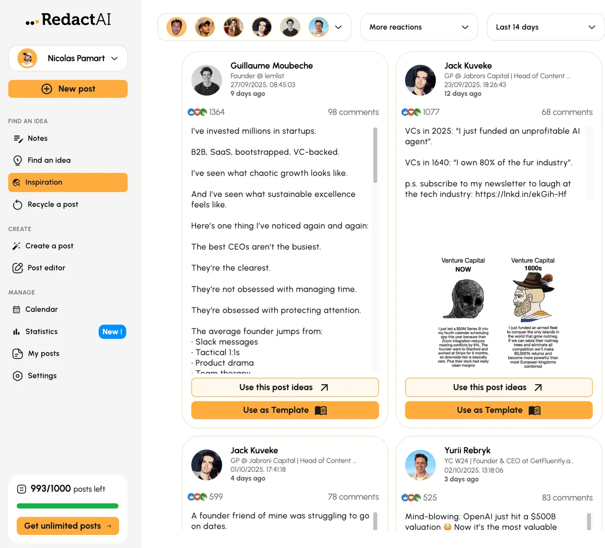 RedactAI workspace showing the post inspiration feed with a clean, modern interface.