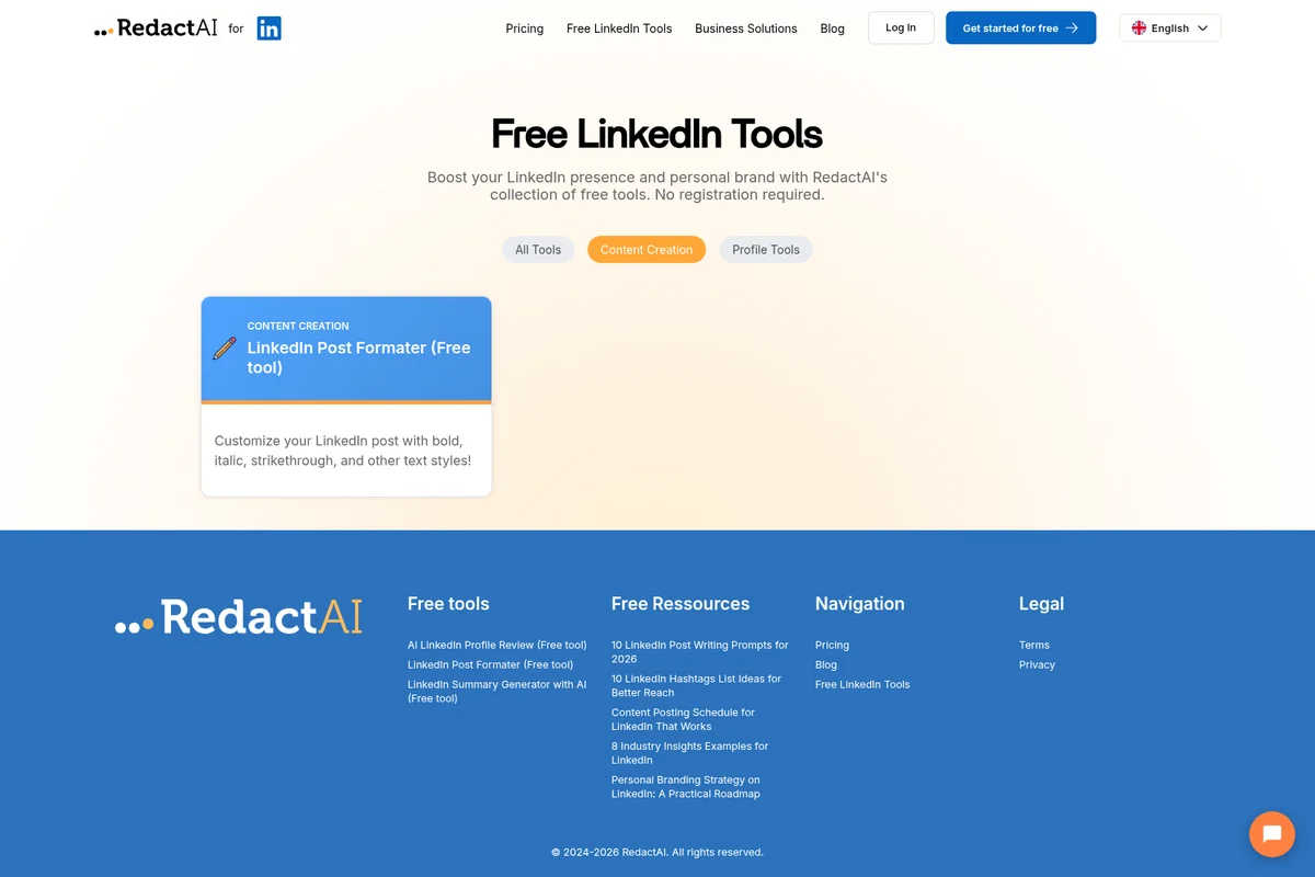 RedactAI Free LinkedIn Tools landing page showcasing the LinkedIn Post Formater with a clean, modern interface and gradient background.