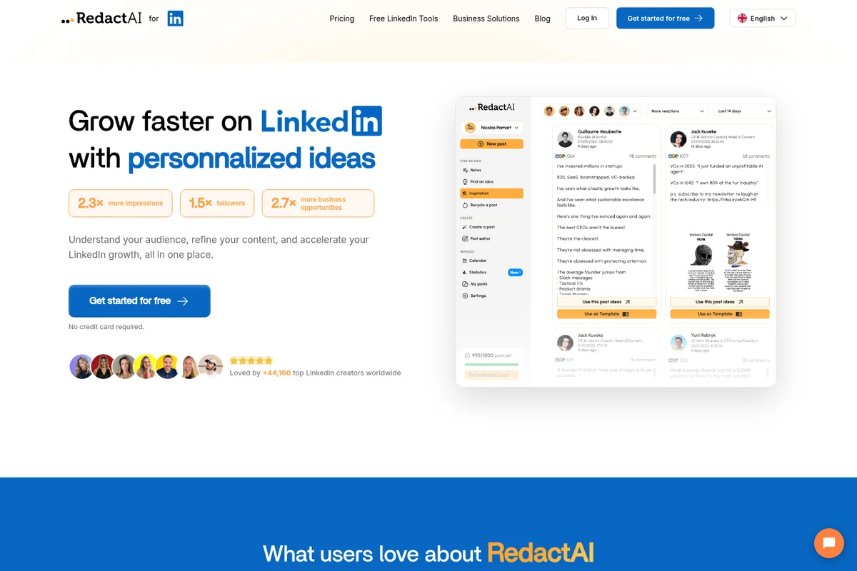 RedactAI homepage showcasing personalized LinkedIn post ideas generation and content acceleration features in a clean, modern interface.