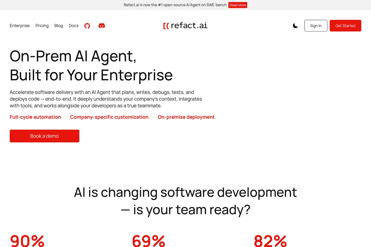 Refact.ai landing page showcasing an On-Prem AI Agent for enterprises with a clean, modern interface.