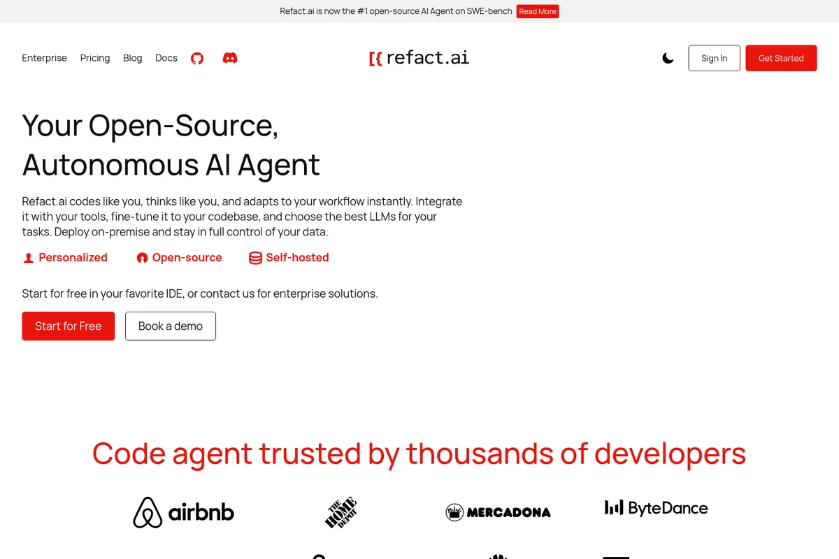 Refact.ai homepage showcasing its open-source, autonomous AI agent with a clean, modern interface