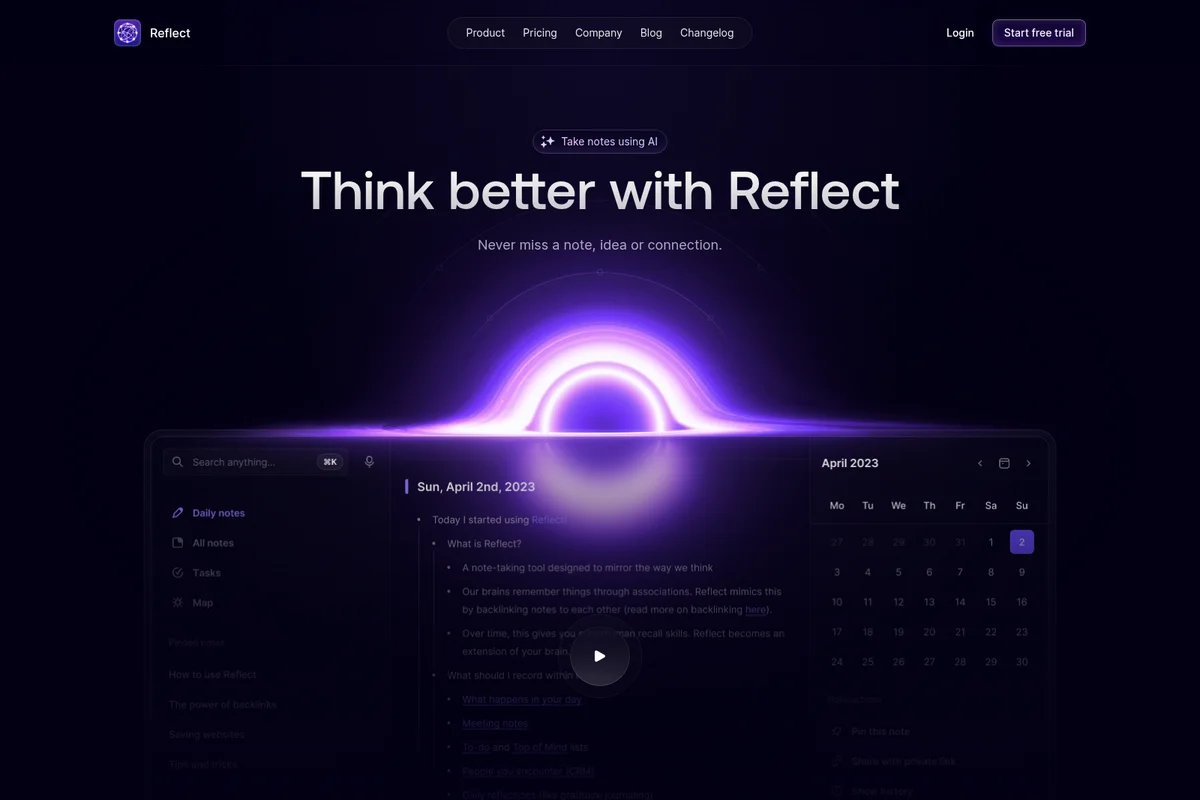 Reflect homepage showing AI-powered note-taking and knowledge management workspace with a dark-themed, glowing purple interface.