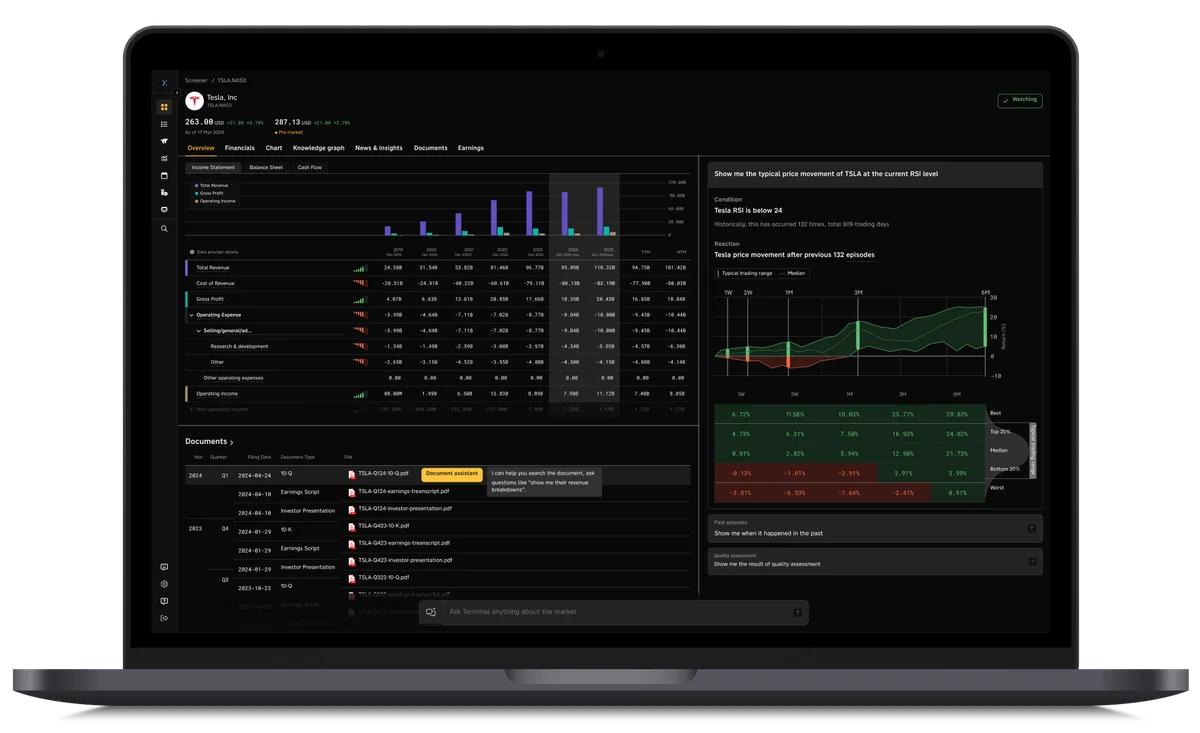 Reflexivity financial analysis workspace showing real-time Tesla stock data, financial statements, document search, and price movement predictions with a dark-mode interface.