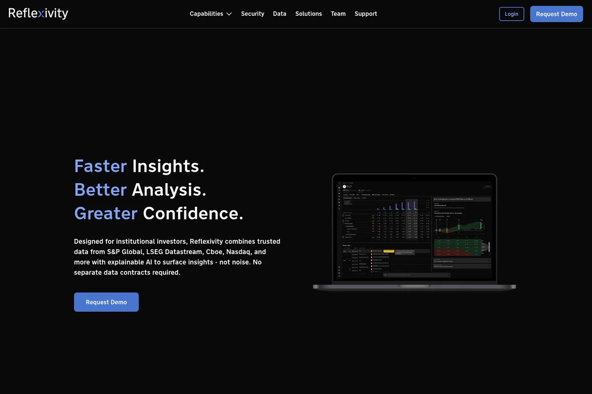 Reflexivity homepage displaying an investment analytics dashboard on a laptop with a dark-mode interface.