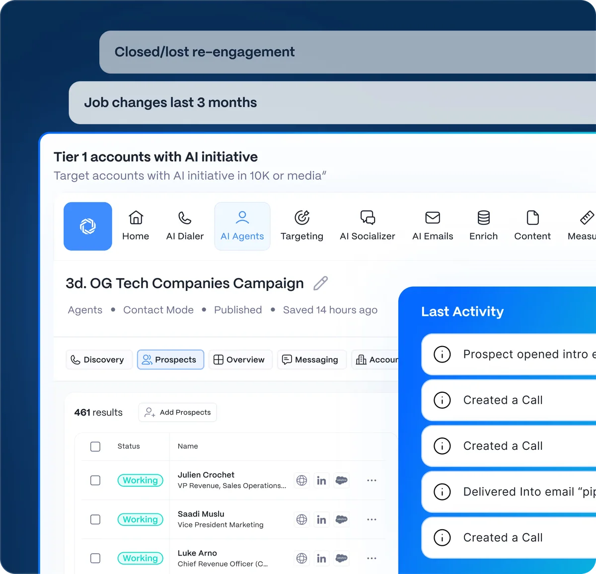 Regie.ai workspace UI showing an AI-powered sales campaign, prospect list, and recent activity log with a modern, mixed-theme interface.