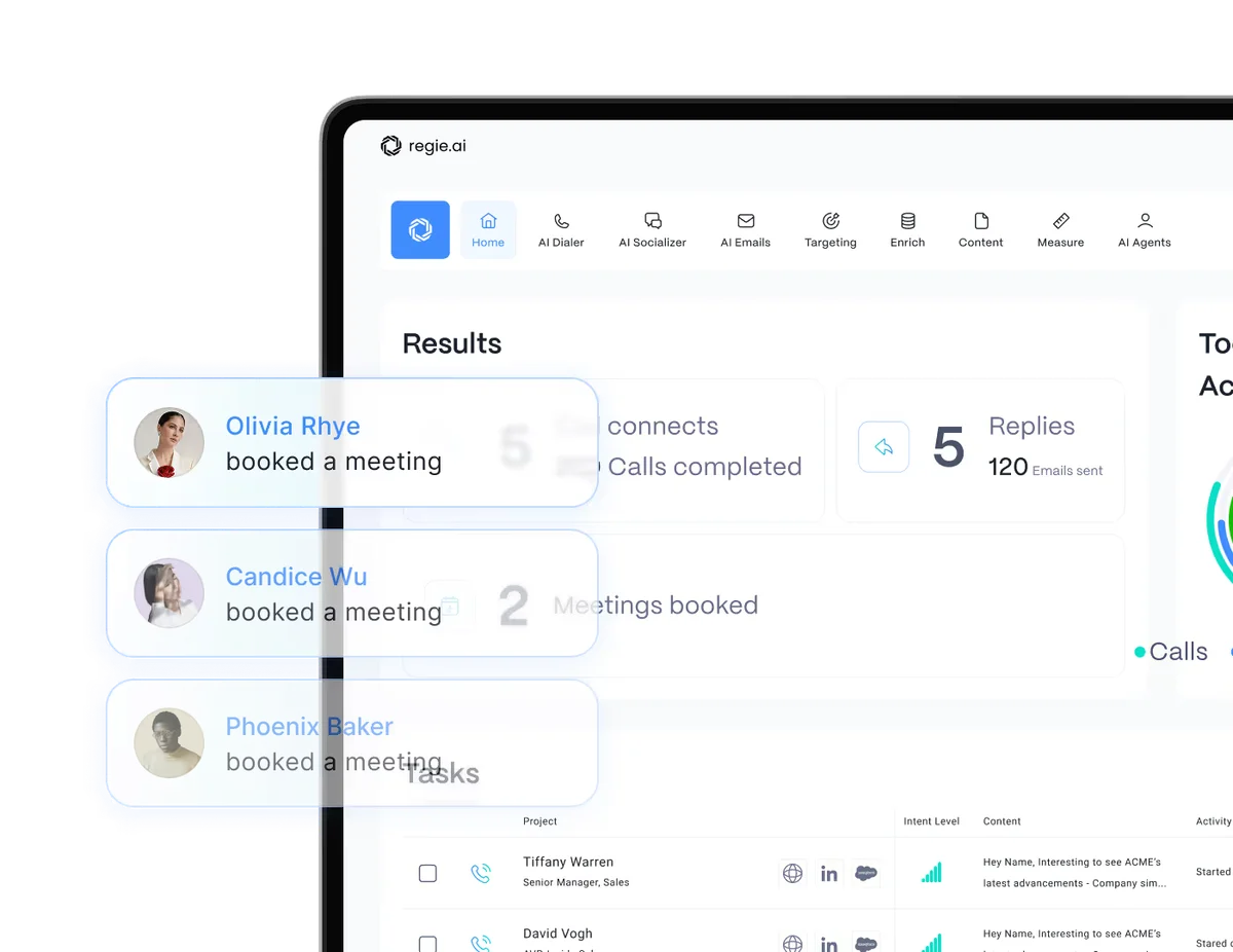regie.ai AI sales platform dashboard showing booked meetings and performance metrics with a clean and modern interface.