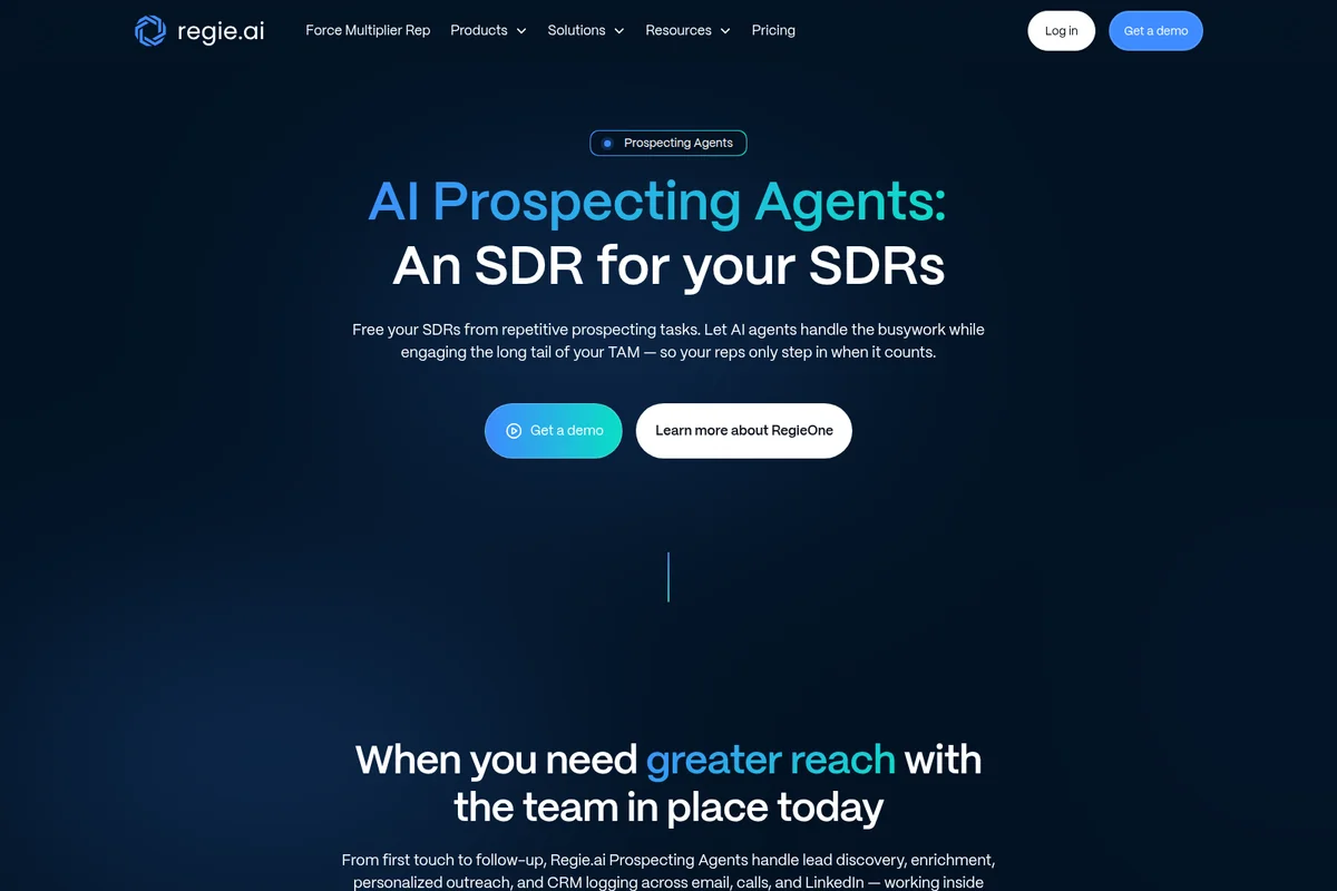 Regie.ai landing page for AI Prospecting Agents showcasing the core value proposition with a modern dark theme.