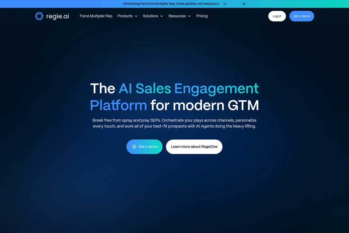 Regie.ai homepage hero section showcasing 'The AI Sales Engagement Platform' with a modern dark gradient design.