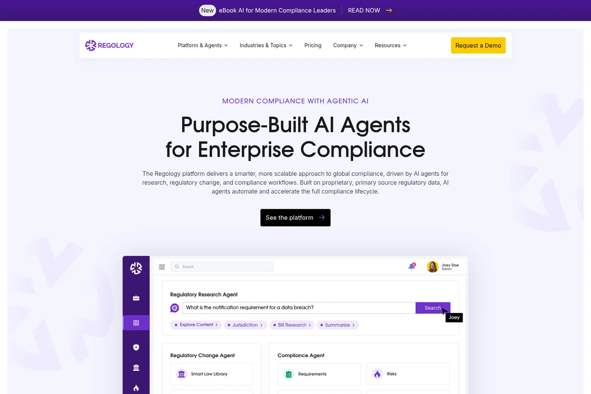 Regology homepage showing AI agents for enterprise compliance, with a regulatory research agent demonstrating data breach notification queries.